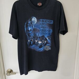 Vintage 90's Harley Davidson Black T-Shirt with Wolf and Motorcycle Graphic